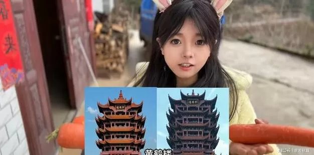 女孩用胡萝卜啃出黄鹤楼图标